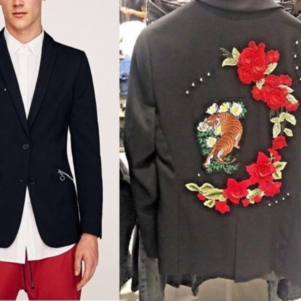 NWT Zara MAN Black Blazer w Studs & Floral Patches